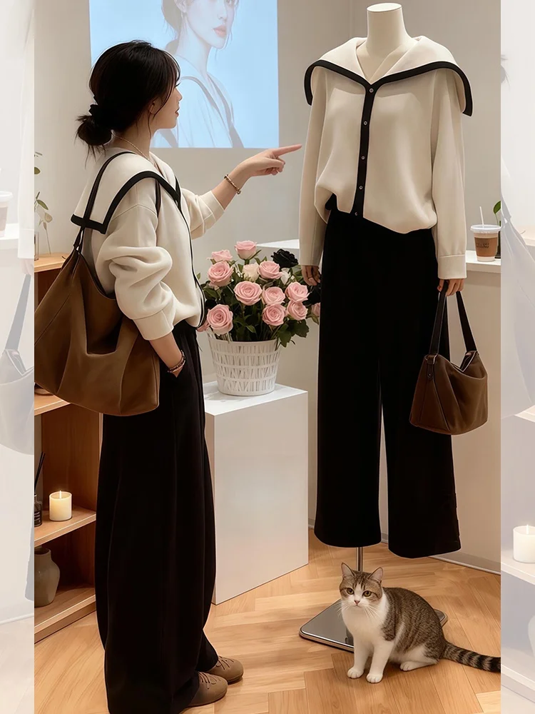 Faionable البحرية طوق اللون بلو سترة المرأة فضفاضة محبوك الأعلى العصرية كسول الراقية الشعور الخريف جديد Sle تريكو