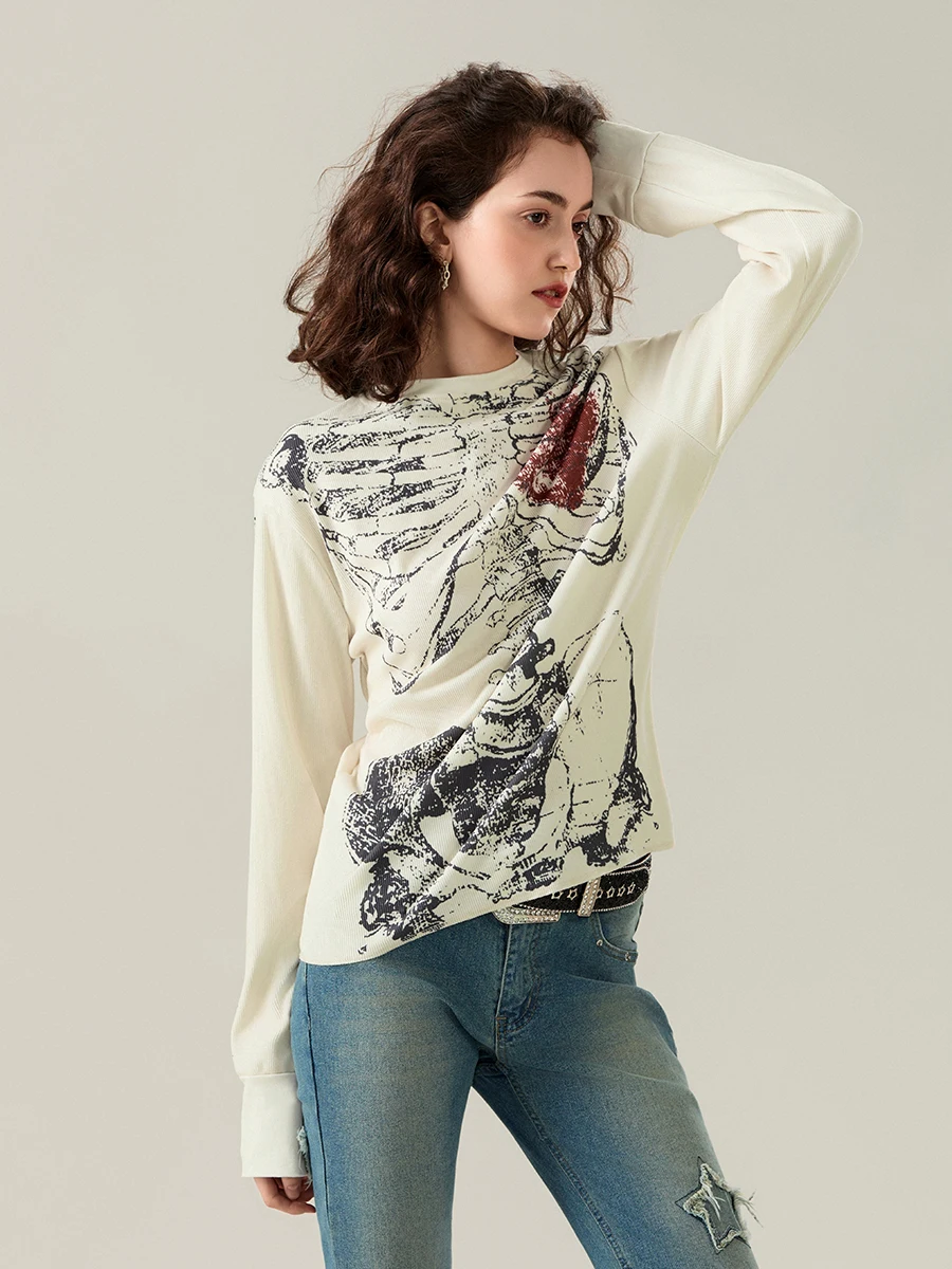 Women Graphic Tops y2k Loose Vintage Bohemian Skeleton Print Round Neck Long Sleeve T-Shirt Oversize Loose Streetwear for Spring