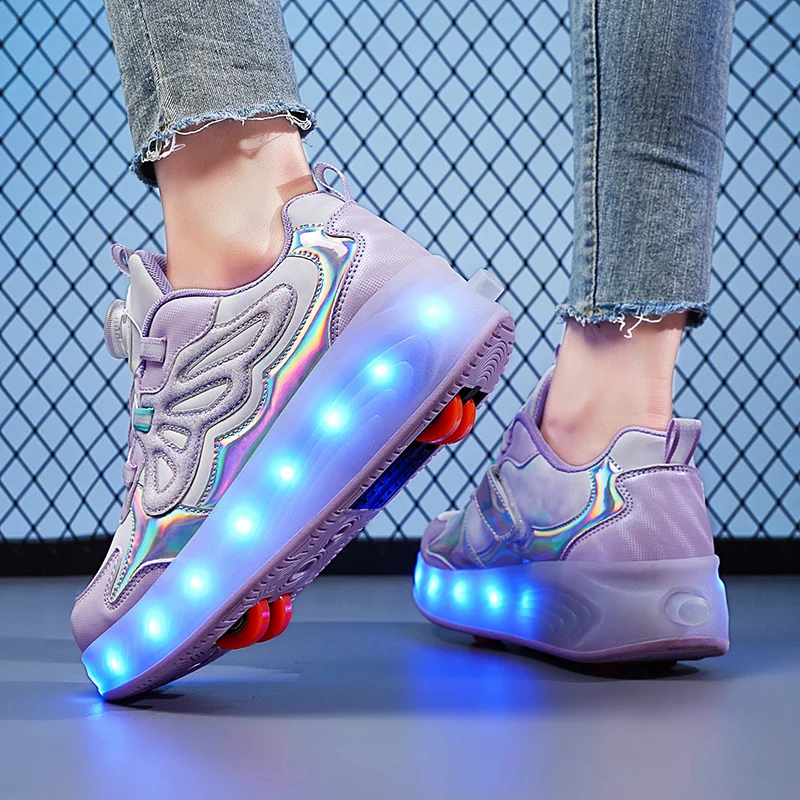 أحذية تزلج دوارة للفتيات مع ضوء مضمنة ، أحذية رياضية للأطفال ، عجلتين ، عجلات قابلة للإزالة ، دوارة ، أطفال