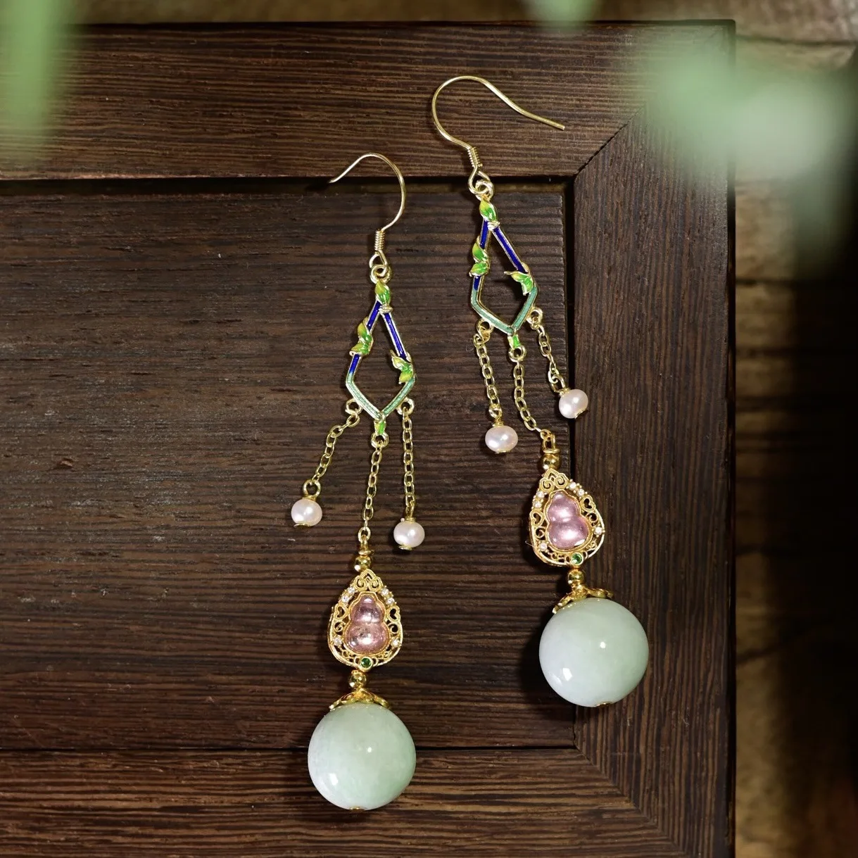 Natural A-grade Pea Green Jadeite Dangle Earrings, 925 Silver Gilded, Pink Tourmaline & Freshwater Pearl, Chinese Jewelry
