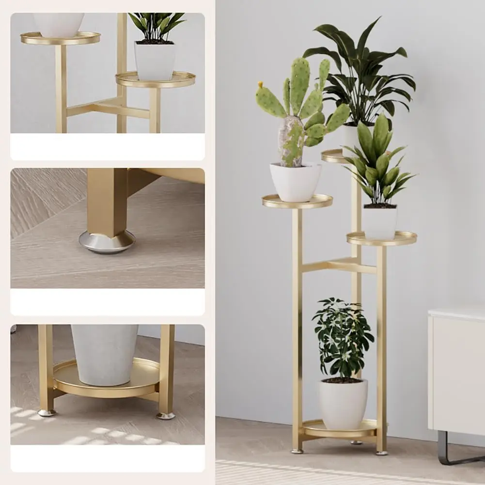 Multilayer Metal Indoor Plant Stand Corner Flower Holder With Non Slip Feet Space Saving For Living Room Office Vintage Gold Plant Shelf Rack