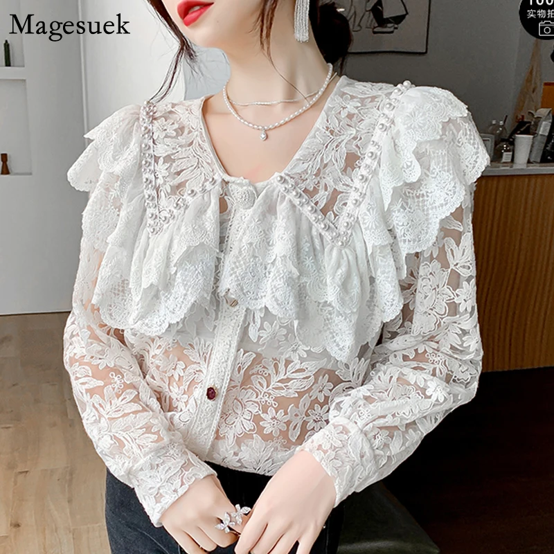 

Beaded Peter Pan Collar Lace Shirt Female Autumn Long Sleeve Embroidery Vintage Blouse Women Elegant Slim Shirts Lady Tops 22868