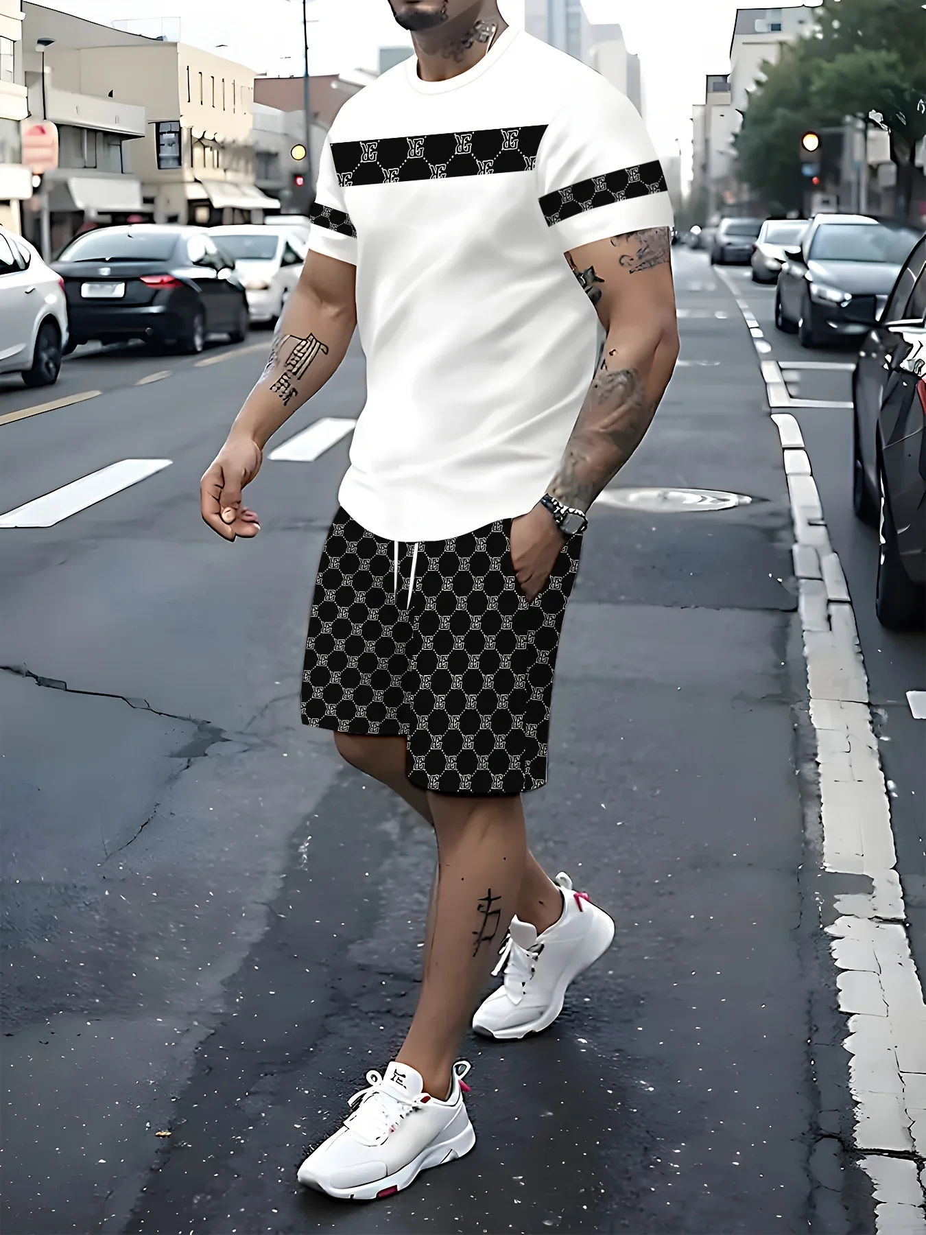 

Summer Hot Selling Men's 3D Printed Polyester Short Sleeved Shorts Set, Fashionable Casual Breathable Set, Daily Wear