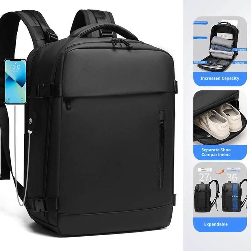 expandable large capacity men's backpack with USB, shoe compartment 180 degree opening and closing laptop backpack schoolbag 03