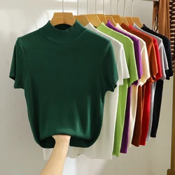 Solid Fashion Women Elegant Short Sleeve Streetwear Basics Turtleneck Korean Clothing Tee Vintage Trend Green T Shirt Ladies Top