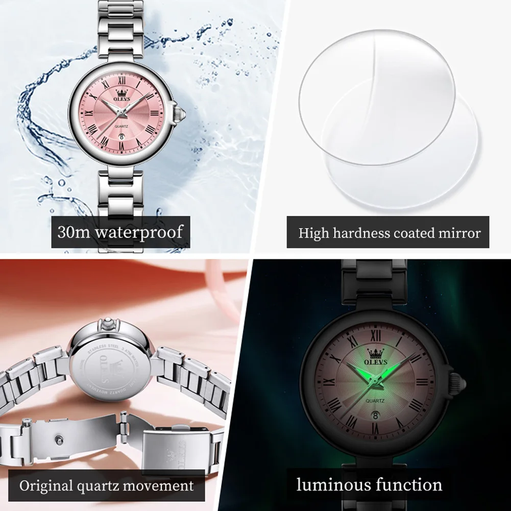 OLEVS Top Brand Luxury Elegant Womens Quartz Watch Calendar Window Luminous Pointer Waterproof High Quality Womens Watch