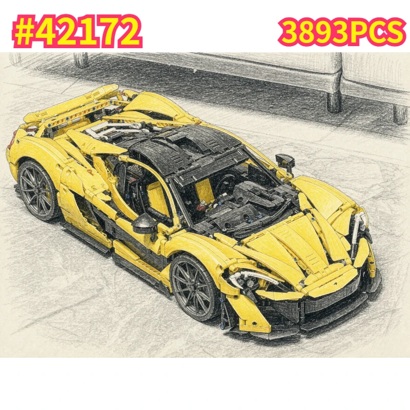 Lego Set Technic - Gelber Zusammengebauter Sportwagen 1:8 Bausteine-Set Kompatibel