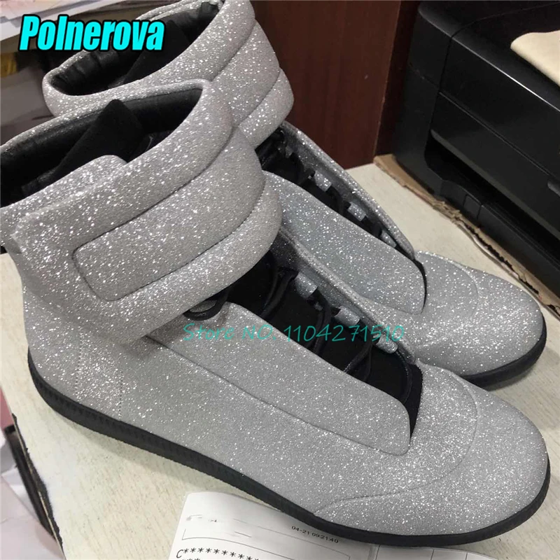 

Shiny Genuine Leather High Top Sneakers Brand Design Thick Soled Lace Up Flats Men's Boots Autumn Winter Couple Casual Shoes