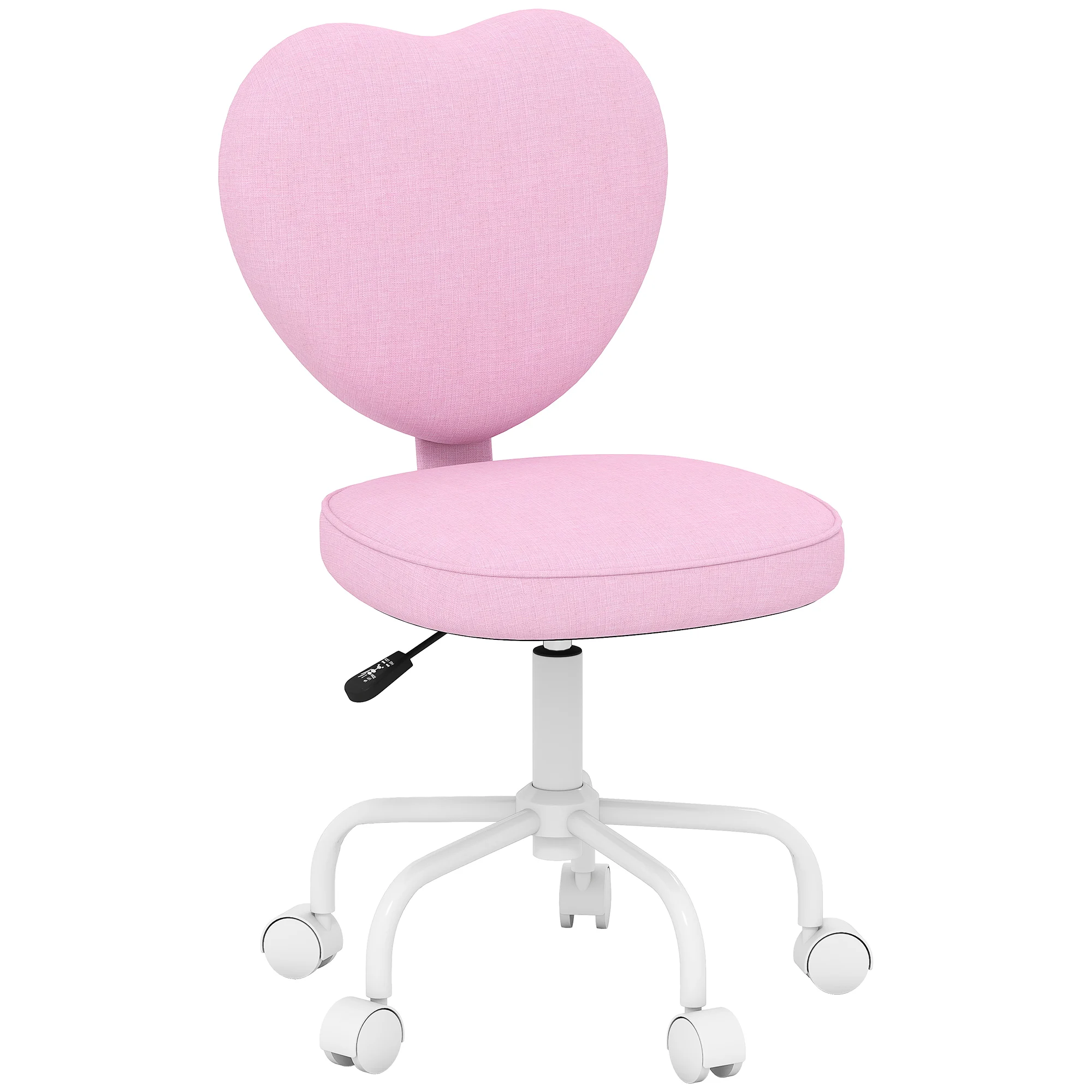 Armless Home Office Desk Chair, Modern Fabric Makeup Vanity Chair with Heart Shape, Swivel Wheels, Height Adjustable, Pink