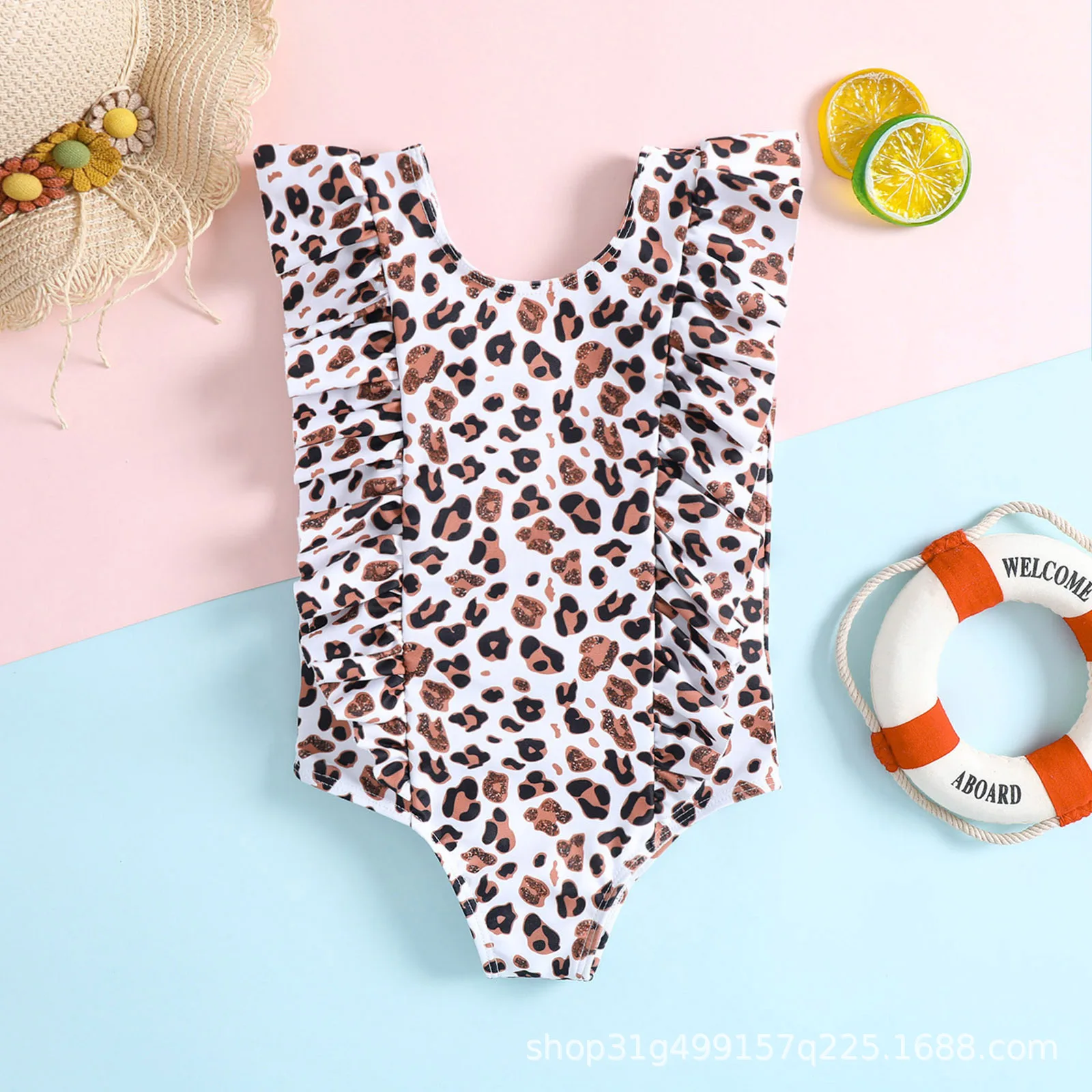Baby one piece swimsuit with full print classic leopard pattern and side ruffle decoration,suitable for pool play and seaside tr
