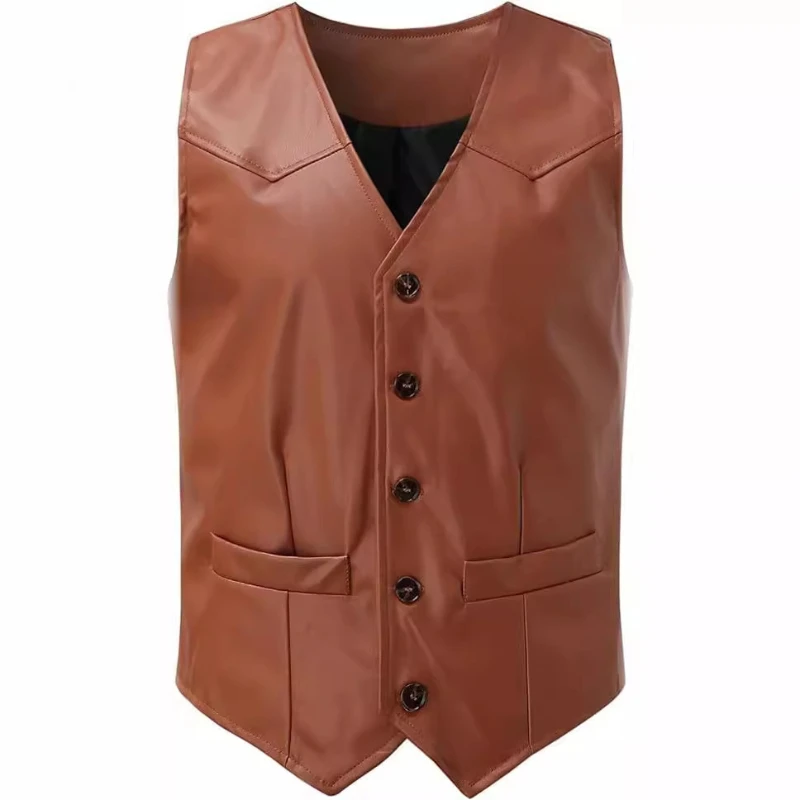 

Жилеты мужские, повседневная куртка с карманами на пуговицах, пальто с v-образным вырезом, без рукавов, жилет из искусственной кожи, однобортные куртки, осень-зима, новинка