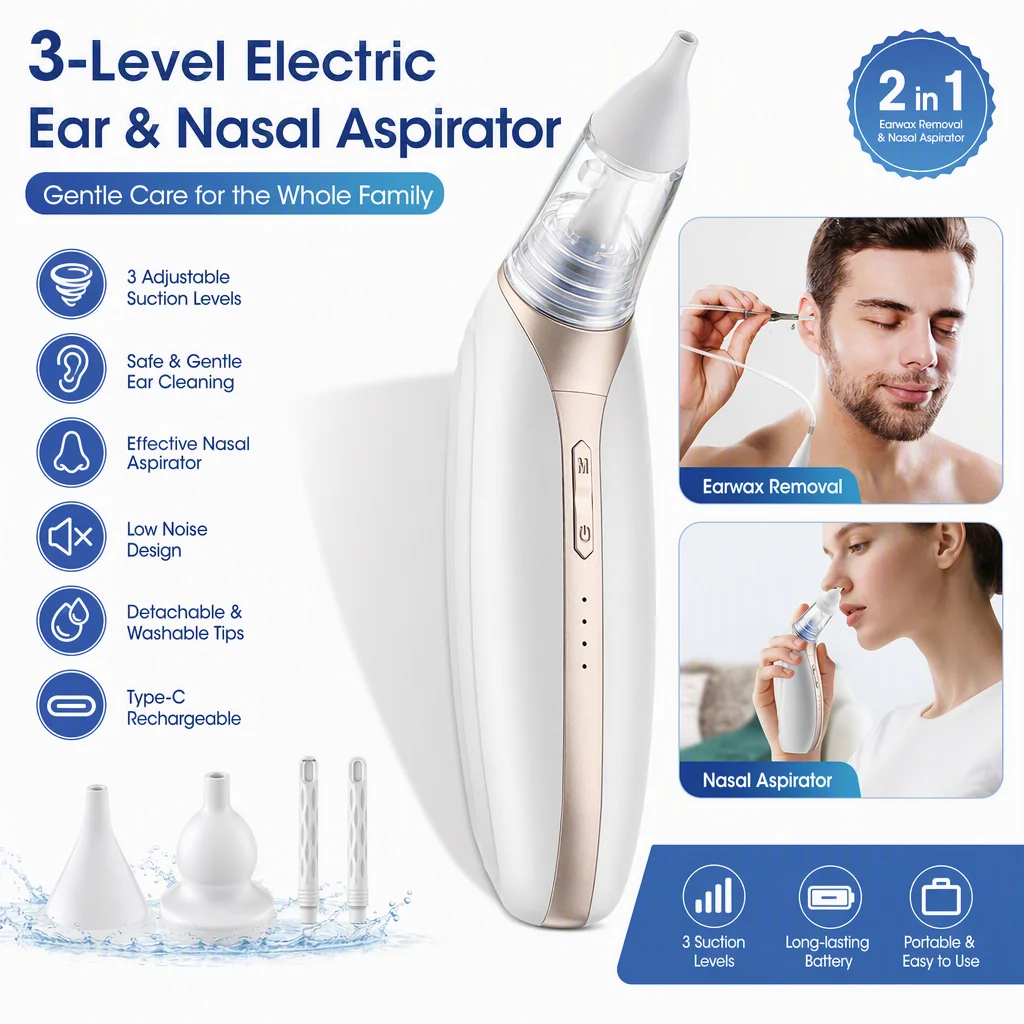 2 in 1 Ear Wax Removal Vacuum Set with 3 Levels Suction Nasal Aspirator Ear Cleaner for Adults And Kids Safe Ear Suction Tool