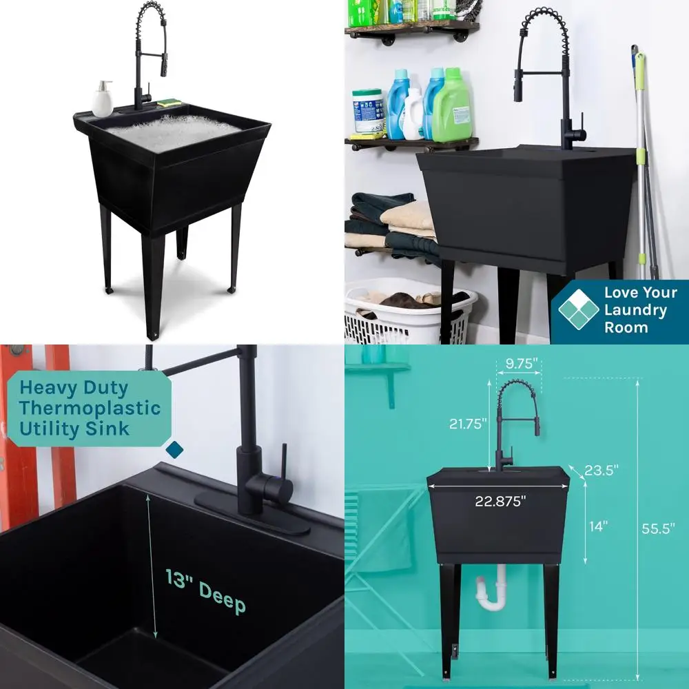

Extra-Deep Black Laundry Tub with High-Arc Matte Black Spray Faucet and Integrated Supply Lines