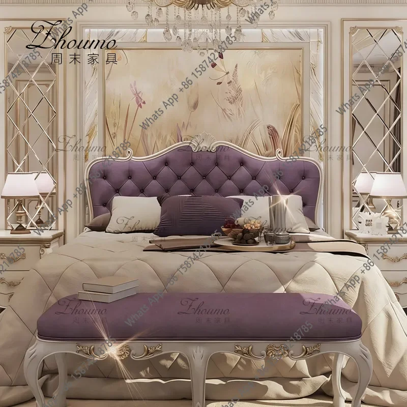Ii French Light Luxury Solid Wood Double Bed Medium Antique Purple Fabric Soft Bag Single Bed Master Bedroom Wedding Bed