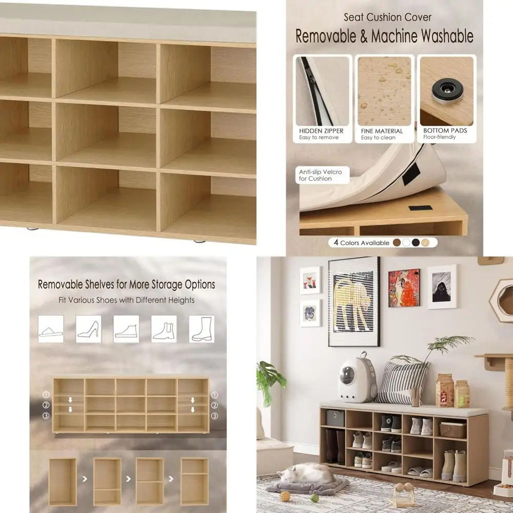 

Многофункциональная скамья для хранения обуви с подушкой, полка на 13 слотов, регулируемая, естественная отделка для домашних прихожей и грязевых комнат