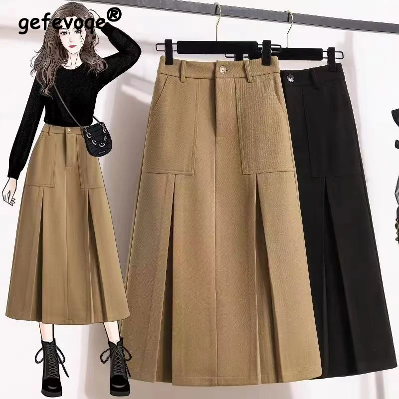 Women Clothing Autumn Winter Vintage Elegant Chic Pleated Woolen Skirts Female High Waist Solid Casual A-line Midi Skirt Faldas