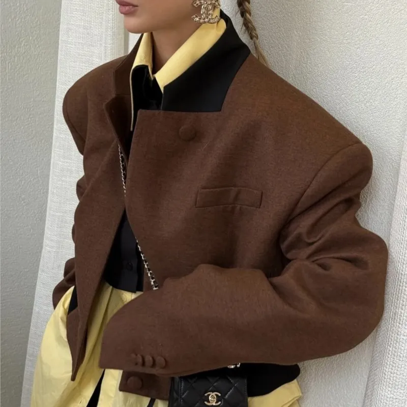

2025 Autumn New Women's Color-Blocked Stand-Collar Jacket Long-Sleeve Retro Single-Breasted Baseball Coat Casual Outerwear Wear