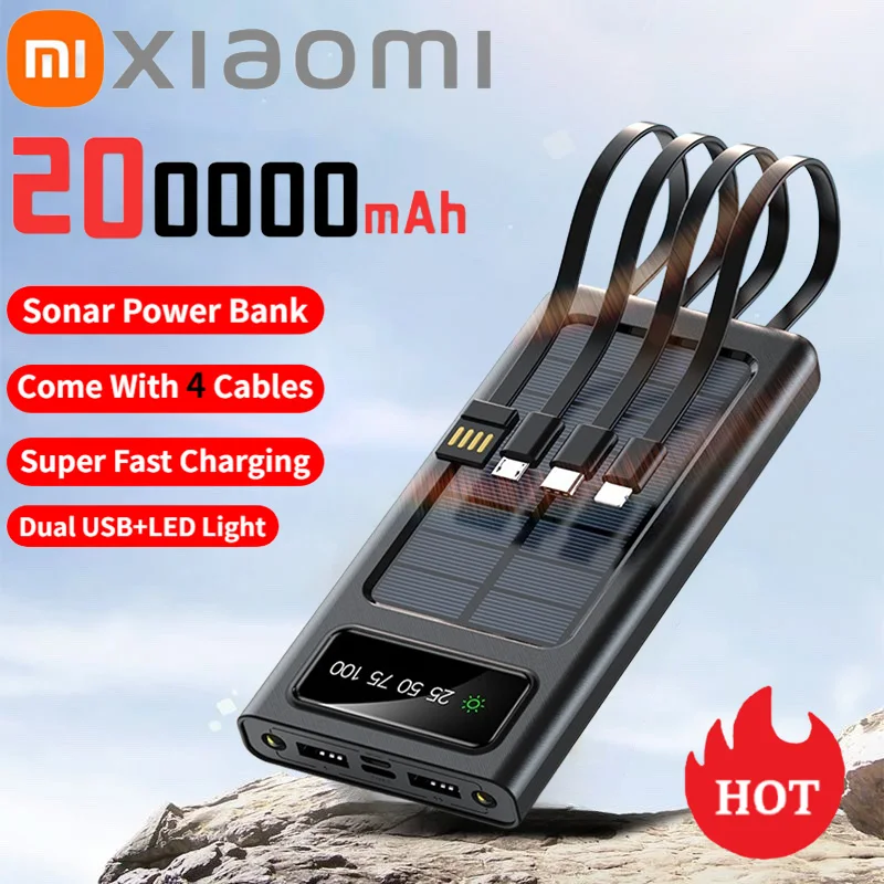 Xiaomi 200000 بنك طاقة يعمل بالطاقة الشمسية بقدرة كبيرة في الساعة، بطارية شحن سريع مع 4 كابلات بإضاءة LED لهاتف iPhone Samsung