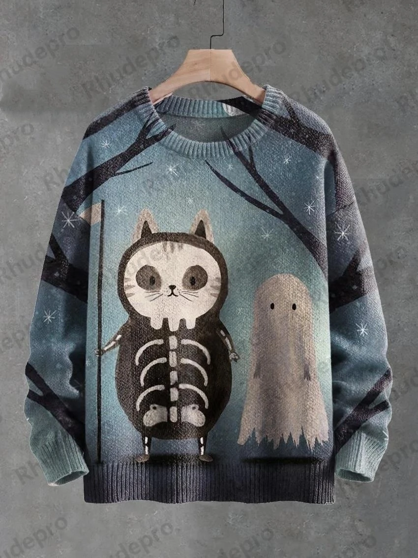 3D Printing Halloween Custom Series Horror Ghost Skull Witch Black Cat Pattern Ugly Sweater Street Casual Winter Sweatshirt W-2