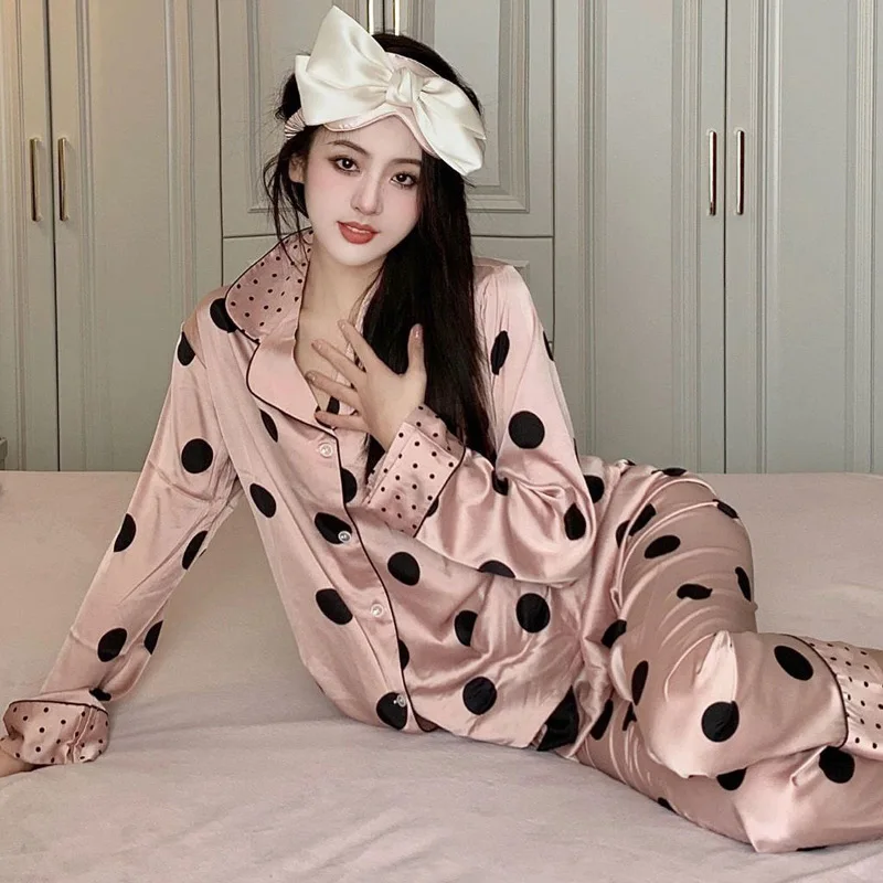 Women\'s Pajamas Set Spring Autumn 2 Piece Polka Dot Print Pyjama Faux Silk Satin Sleepwear Long Sleeve Pijama Mujer Pjs Homewear