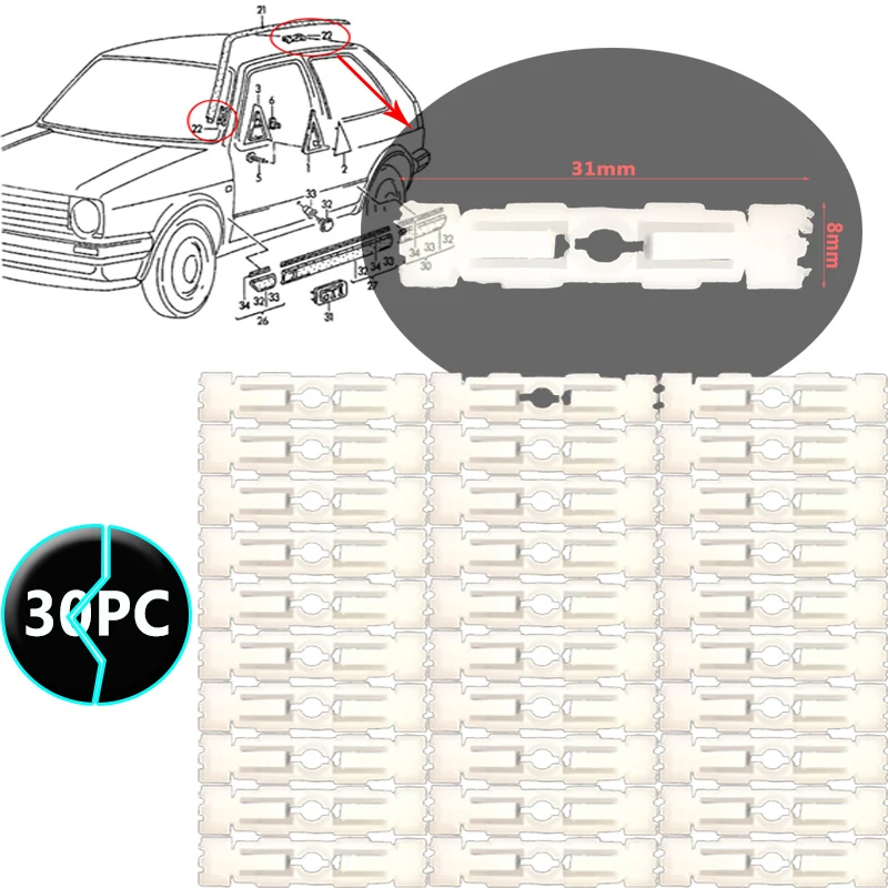 30PC Roof Rail Bar Cutter Clips Moulding 191853733A 6U0853733 For VW Caddy 1996 1997 1998 1999 2000 2001 2002 2003