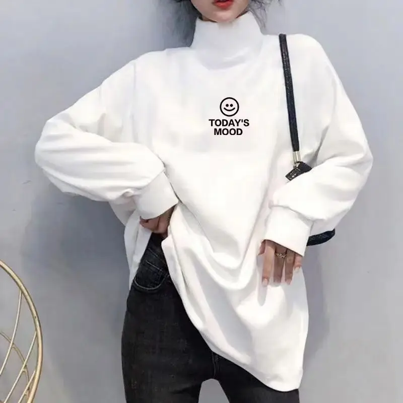 Women Long Sleeve Solid Basic T-shirt Oversized Autumn Loose Casual Turtleneck Simple Pullovers Smiling Face Printed Top Tees