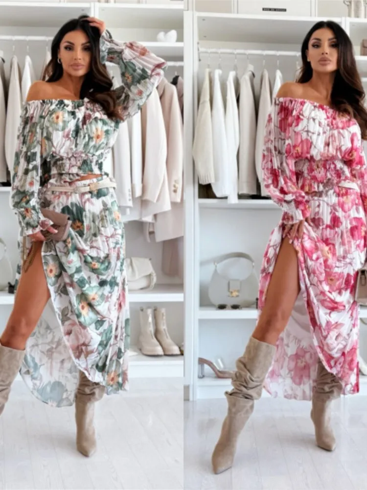 أزياء طباعة الشيفون المرأة البدلة مثير واحد الكتف طويلة الأكمام البنطال القصير مطوي تنورة مجموعات سيدة أنيقة قطعتين مجموعة الزي