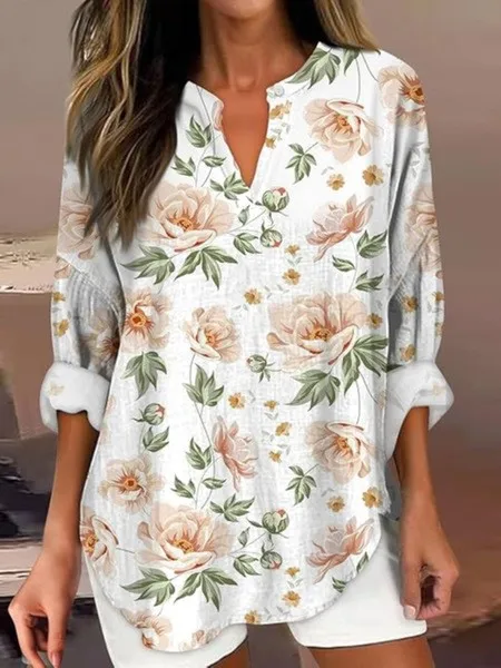 

Spring Women's Clothing Floral 3D Digital Print Round Neck Long Sleeve Loose Fit Blouse For Woman Polyester Casual Regular Top