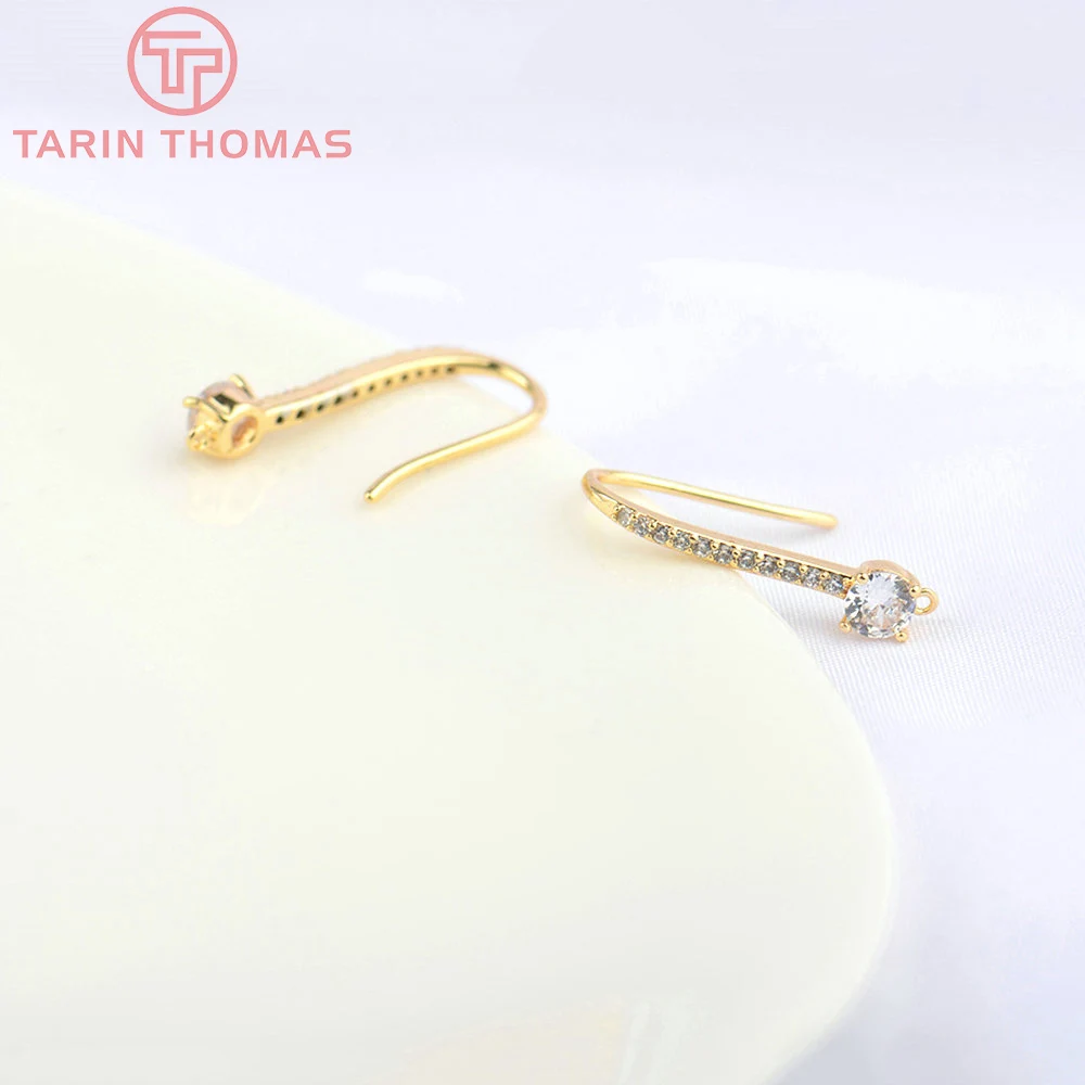 (5053)6PCS 20x4MM 24K Gold Color Plated Brass with Zircon Earrings Hooks High Quality Jewelry Findings Accessorie Wholesale