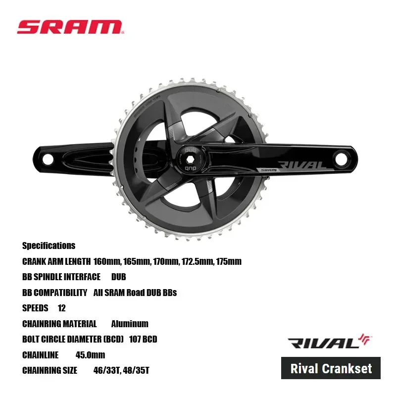 

SRAM Rival Crankset 12 SPEEDS DUB bottom bracket adds durability X-Range gearing technology gives you more range