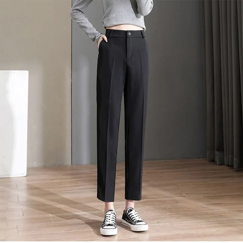 Spring Summer Office Lady Rice Apricot/black Nine Points Straight Trousers Womens All-match Button Patchwork Pockets Suit Pants