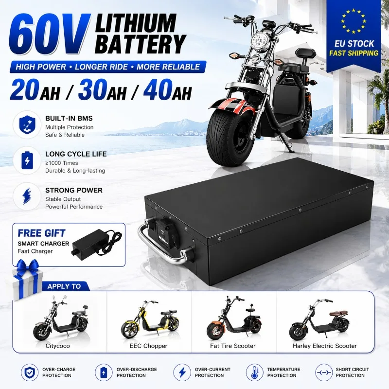 60V 18650 Lithium-Akku-Pack 20Ah 30Ah 40Ah für Harley-Style Chopper Elektromotorrad CityCoco Elektroroller Wasserdichter Wiederaufladbarer Akku mit eingebautem BMS EU Schnellversand
