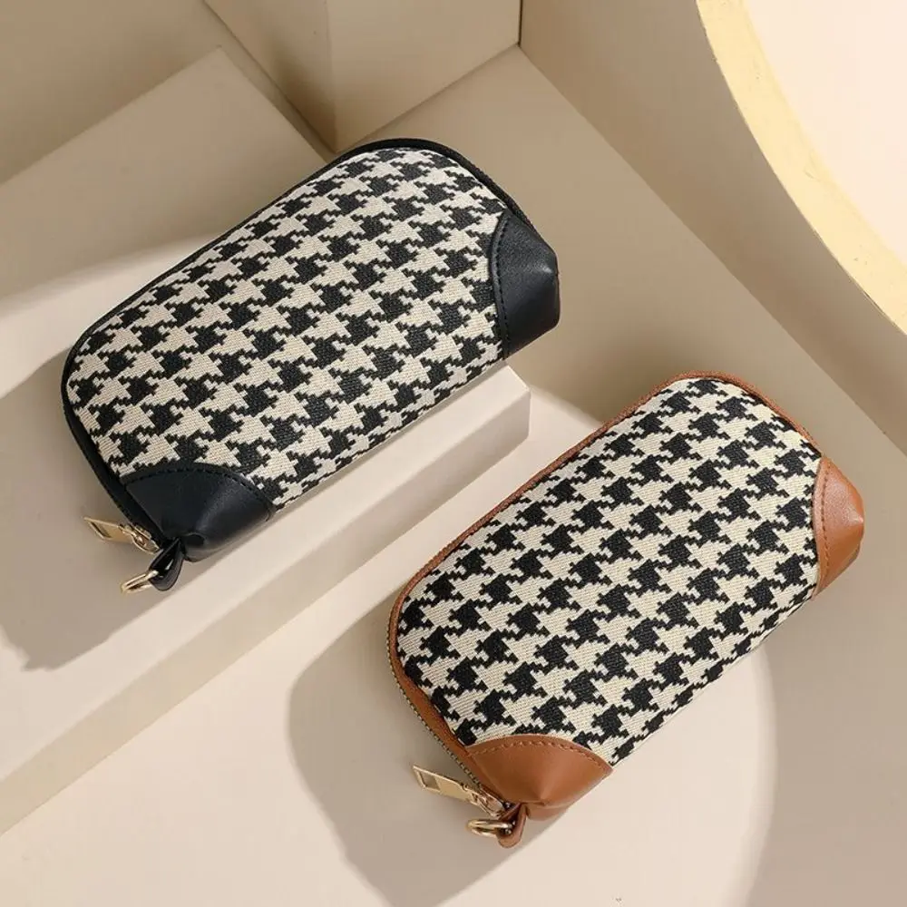 Portable Pu Leather Long Style Wallet Car Key Bag Canvas Houndstooth Zipper Purse Money Clip Handbag Square Change Purse Outdoor