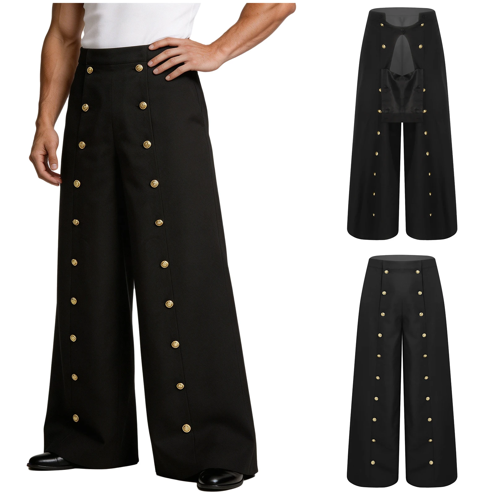 Mens Baggy Cargo Pants High Waist Button Front Wide-leg Trousers for Halloween Cosplay Party Renaissance Fair Casual Daily Life