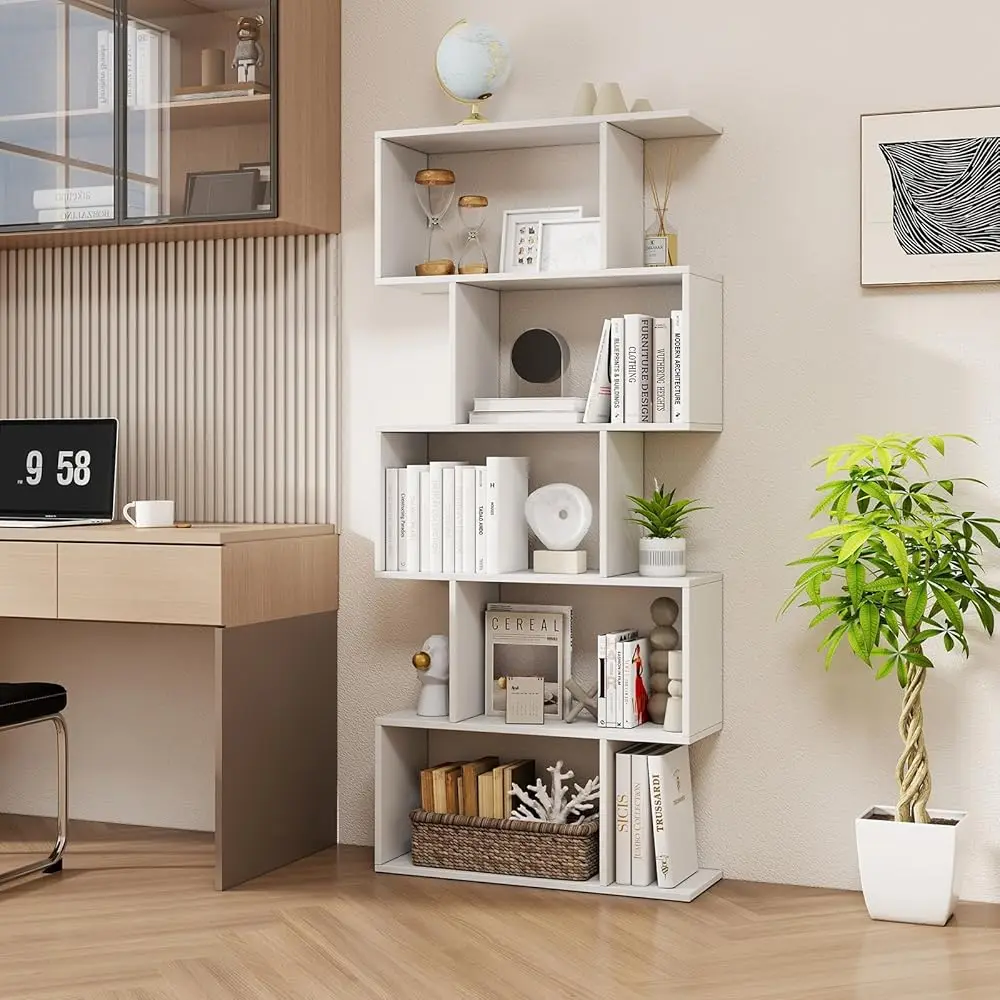 

5 Tier Geometric Bookcase, S Shaped Bookshelf, Modern Decorative Storage Shelving, Wooden Room Divider Bookcase, 62.5"" Tall