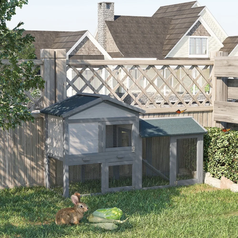 

58" Two Story Rabbit Hutch Bunny Cage Outdoor w/ Tray Ramp Run