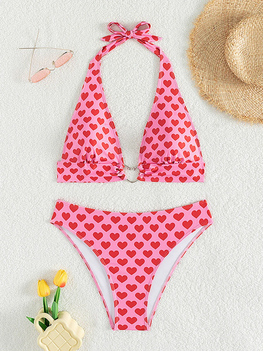 2024 Heart Metal Link Bikini Halter High Waist Swimsuit Women Sexy Swimwear Female Bather Bathing Swimming Swim Suit Beachwear