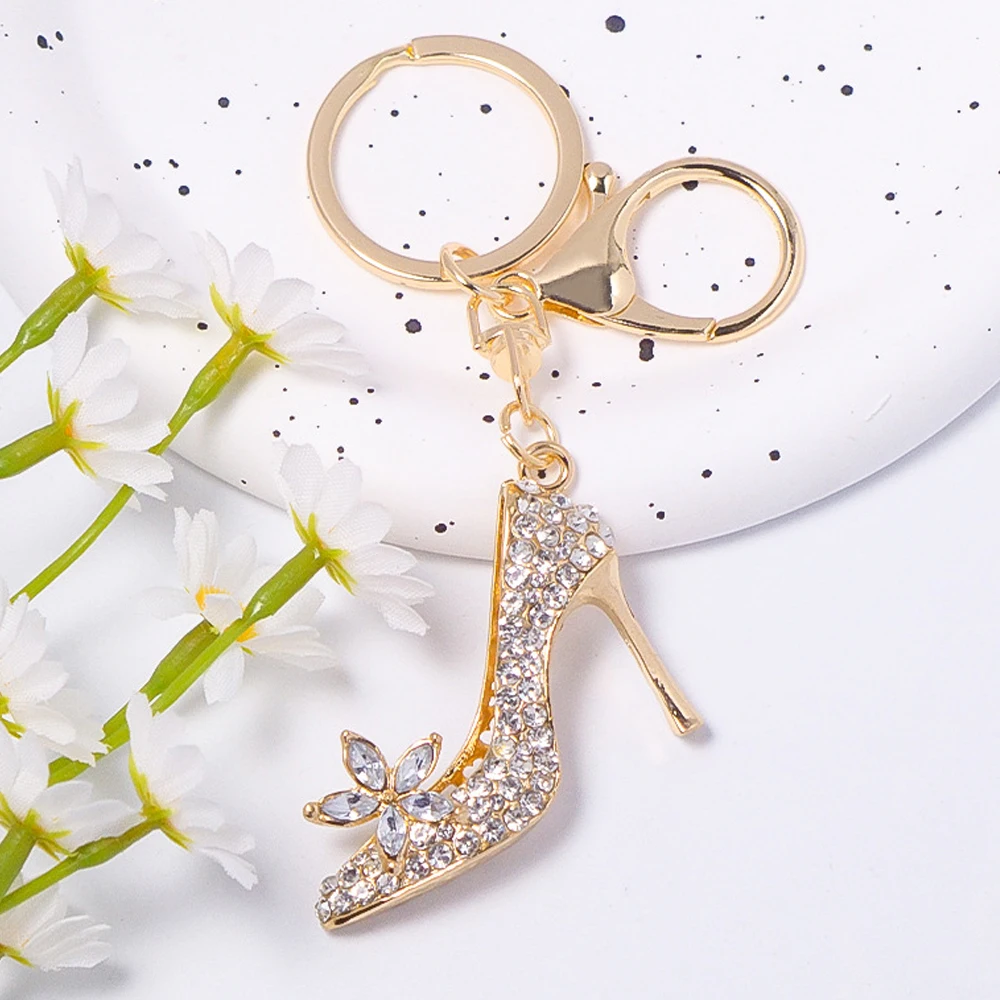 Elegant Crystal High Heel Pendant Keychain Gold Color Metal Car Key Holder Women Girls Backpack Handbag Charms Accessories