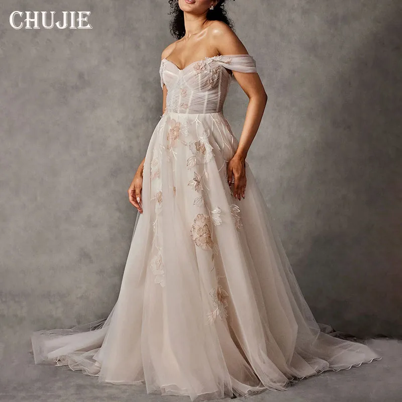 

Embroidery Off Shoulder Wedding Dresses Bridal Gowns With Train Customized Bride Dress A Line Pleated Plus Size Vestido de novia