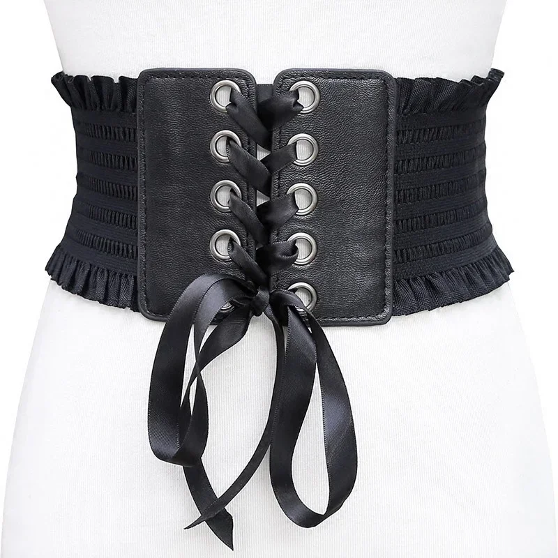 Women's Super Wide Belt Faux Leather Tassel Bow Elastic Corset Belt Front Belt Girls Clothes Decoration Fashion Skirt Waistband