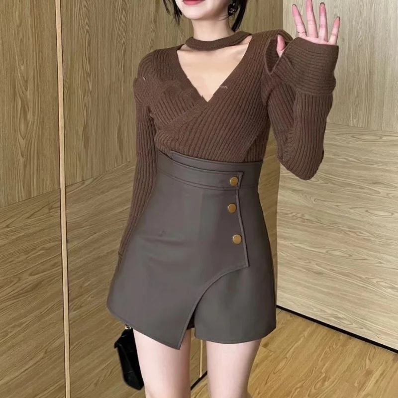 

Шорты из искусственной кожи, женские шикарные офисные женские шорты, новые весенние тонкие универсальные винтажные шорты с высокой талией, элегантные модные асимметричные шорты для взрослых