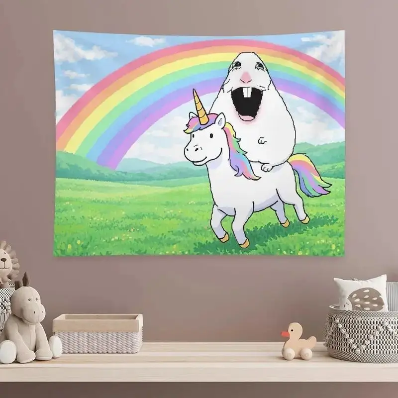 VIKAMA Cartoon White Animal Riding Unicorn Rainbow Wall Tapestry Hanging Decor Kids Bedroom Funny Cute Art Soft Durable Cozy