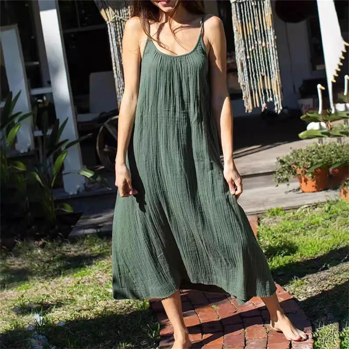 Vestido largo sin mangas de algodón y lino para mujer, estilo casual vintage, talla grande, vestido largo de verano, cómodo y transpirable.