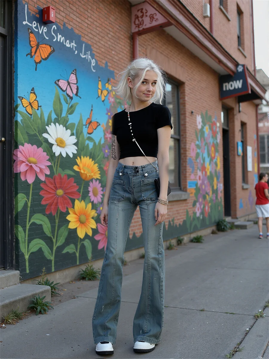 Flare slanke skinny vloerjeans dames uitlopende been fit hoge taille baggy patchwork geplooide vintage geborduurde blauwe zak