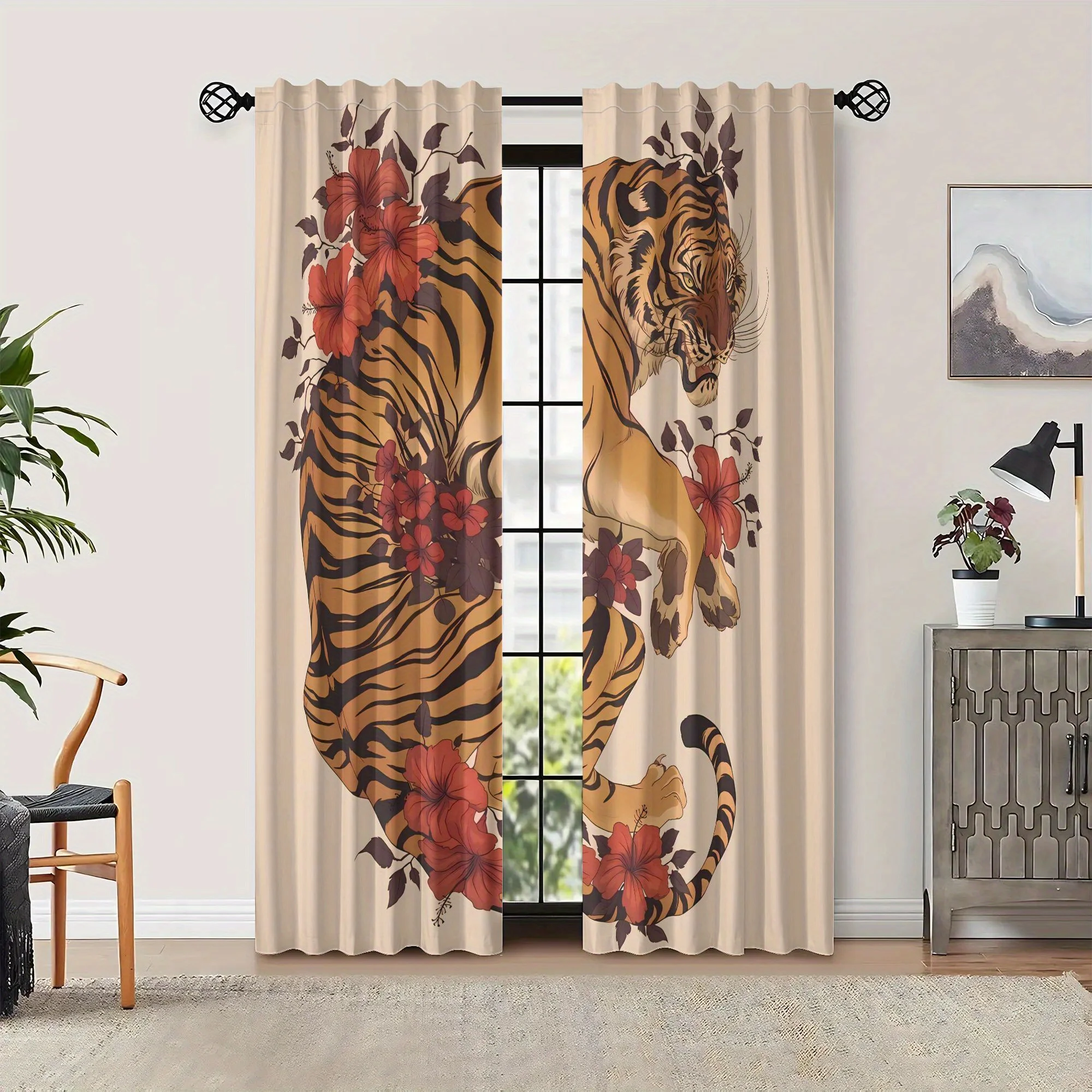 ستارة مطبوعة على شكل نمر عتيق - تصميم أنيق باللونين البيج والبني، قماش تعتيم، جيب قضيب لسهولة التعليق، آلة #2