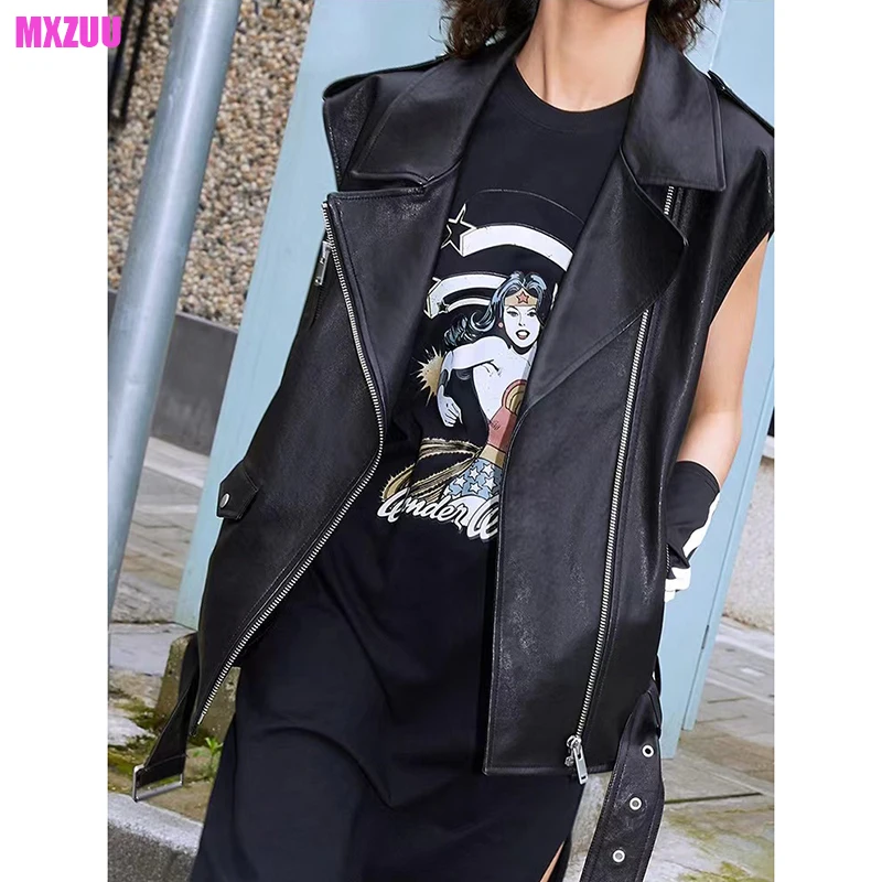 

Leather Vest Women Spring New Rock Style Metal Decorative Vegetable Tanned Sheepskin Motorcycle Gilet Vrouwen Sleeveless Jackets