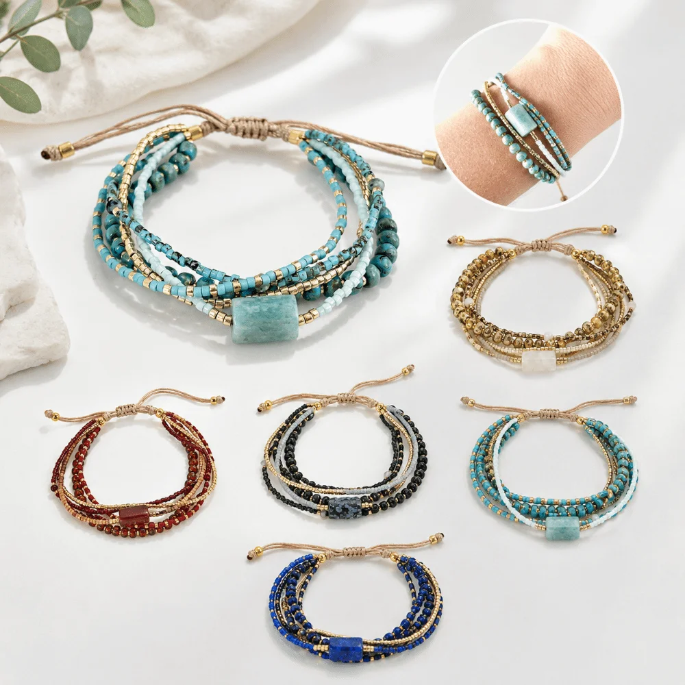 Turquoise Beads Stackable Beaded Bracelets Stackable Style Multi-Layer Design Beaded Wrap Bracelet Wrap Closure
