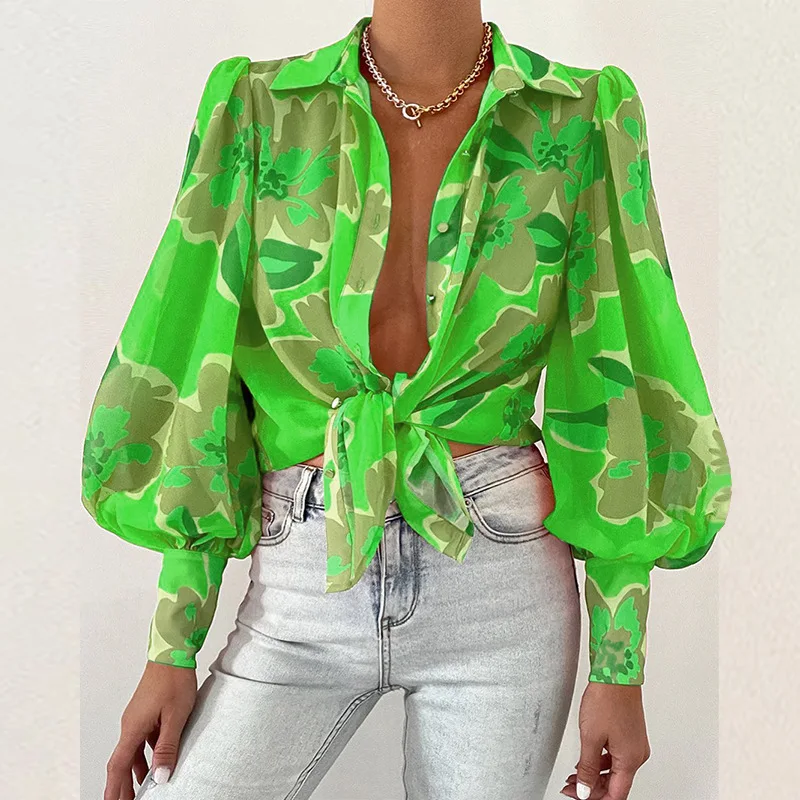 2024 Summer Sexy Women's Puff Sleeve Lapel Long Sleeve Top Printed Shirt Blouse Women