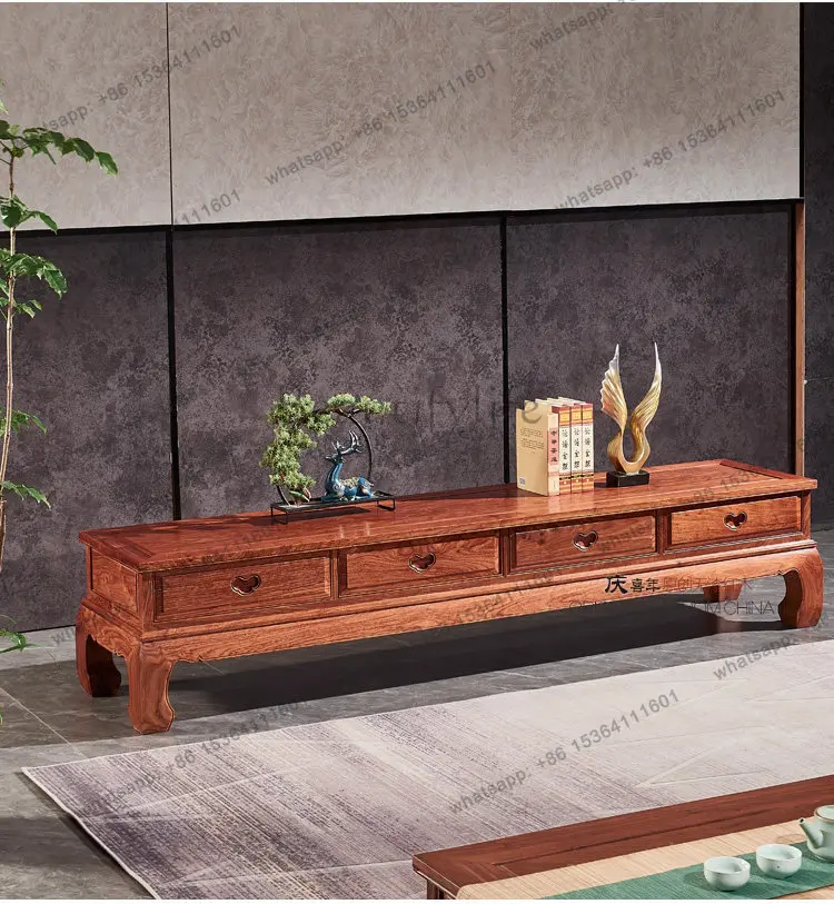 YJ Chinese Carved TV Cabinet African Padauk Solid Wood Media Unit For Living Room Console Home Display