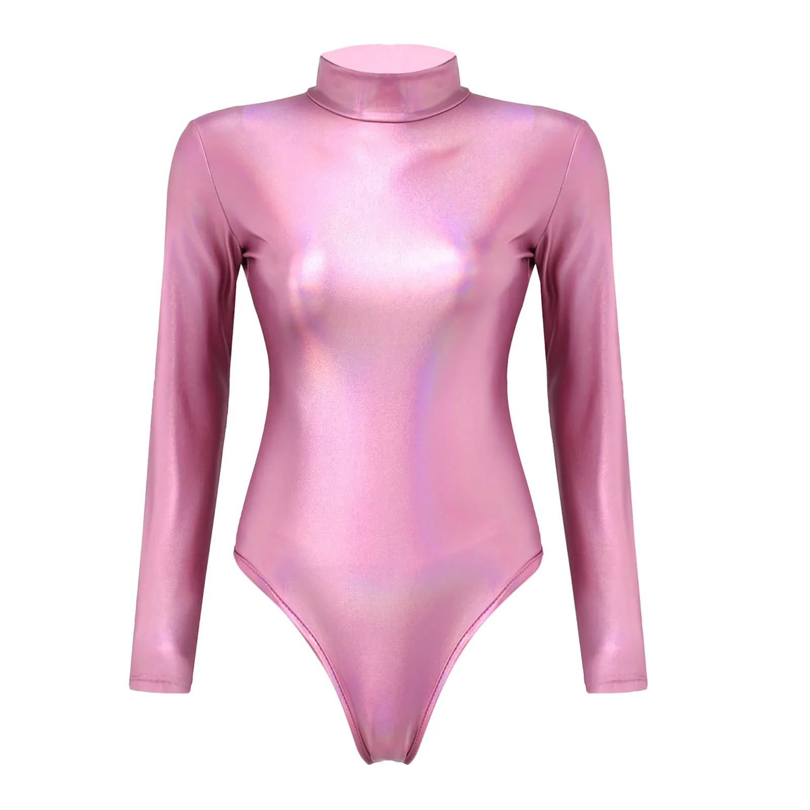 Jumpsuits For Women Women Yoga Jumpsuits Shiny Metallic Pvc Leather Mock Neck Long Sleeve Leotard Bodysuit Ropa Para Mujer